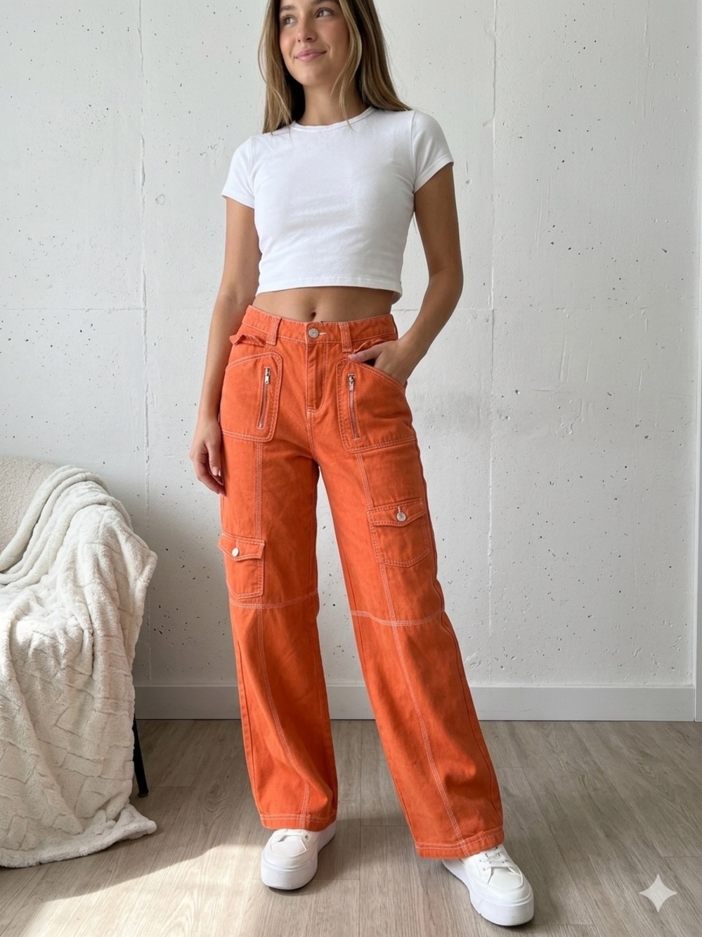 Forever 21 Orange Cargo Jeans Wide Leg Contrast Stitch Utilitarian Y2K Medium